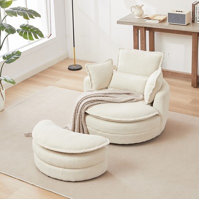 Modern Swivel Chair with Storage Ottoman, 360°Swivel Barrel Chair with 4 Pillows, Accent Single Sofa Chair for Living Room Bedroom Office