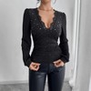 Women Blouse Deep V Neck Long Sleeve Top Rhinestone Lace Shirt - 2 of 4