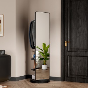 Lomsoe 360 Rotating 69"x16" Multifunctional Full Length Mirror with Hook Storage Rack Coat Rack with Mirror Solid Wood Floor Mirror(black) - 1 of 1