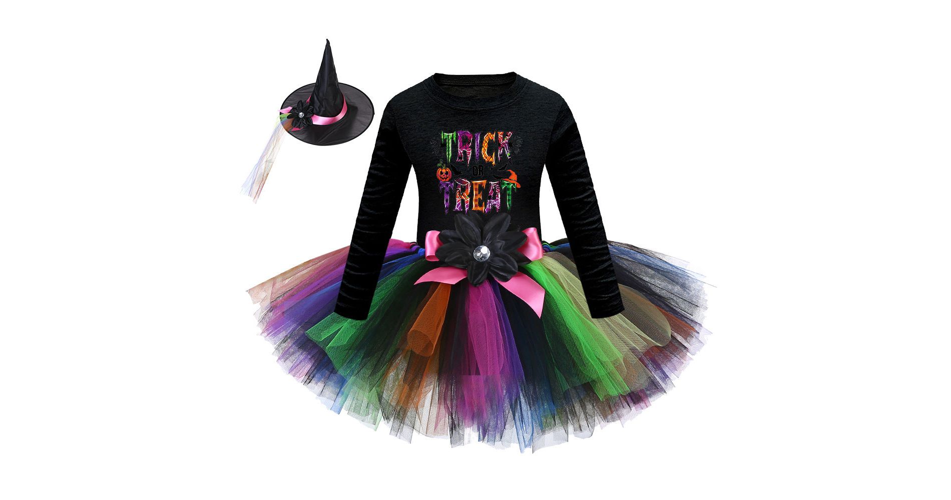 MyKids-USA Arrival Girls’ Halloween Costume: Long Sleeves Cartoon Printed Witches Cosplay Party Tulle Patchwork Dress with Hat Set