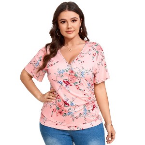Women's Plus Size Shirt V Neck Pleated Blouse Short Sleeve Tunic Floral Top - 1 of 4