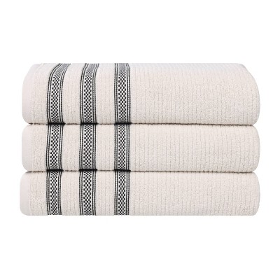 Zero Twist Cotton Ribbed Modern Geometric Border Bath Towel Set of 3 by Blue Nile Mills