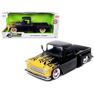 1955 Chevrolet Stepside Pickup Truck Matt Black with Yellow Flames "Just Trucks" Series 1/24 Diecast Model Car by Jada - 1 of 3