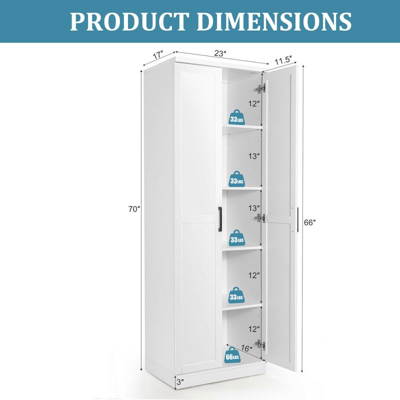 Costway 70'' Storage Cabinet Freestanding Pantry Cabinet w/2 Doors & 5 Shelves White, 3 of 11