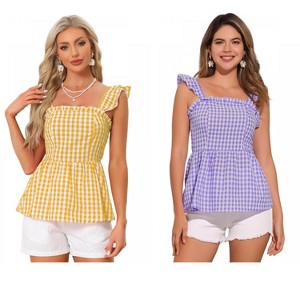 INSPIRE CHIC Women's Summer Square Neck Sleeveless Plaid Gingham Peplum Top 2 Packs - 1 of 4