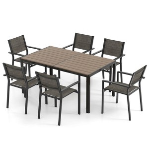 Tangkula Set of 7 Dining Set w/ 6 Stackable Chairs & Large Rectangle Table Gray - 1 of 4