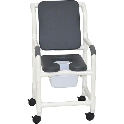 MJM International Corporation Shower chair 18 in internal width 3 in front seat cushion padded back 10 qt slide out commode pail 300 lbs wt