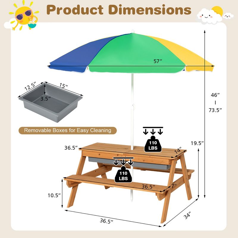 Costway 3-in-1 Kids Picnic Table Wooden Outdoor Sand & Water Table with Umbrella Play Boxes Natural/Blue/Green, 4 of 11