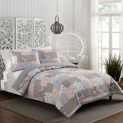 Full/Queen 3pc La Flor Quilt Set Blush/Gray - Modern Heirloom