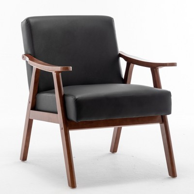 Vynxaria Mid-Century Modern Accent Black PU Chair, Wingback Living Room Chair with Solid Wood Frame, Indoor Lounge Chair