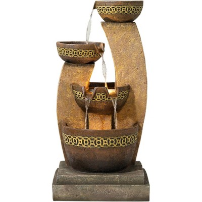 Beige and Brown Faux Stone Four Bowl Cascading Water Fountain with LED Light