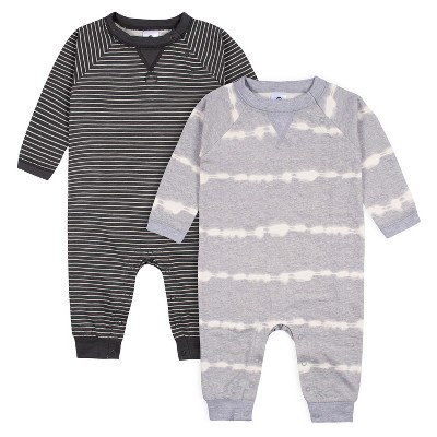 Gerber Baby Boys' Raglan Sleeve Romper, 2-pack, Light Gray & Stripes, 0-3 Months