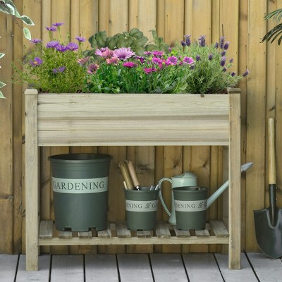 Outsunny Elevated Fir Wood Planter Box with Storage Shelf