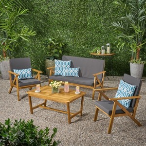 GDFStudio Manarola Outdoor Acacia Wood 4 Seater Chat Set with Cushions, Teak/Dark Gray - 1 of 4