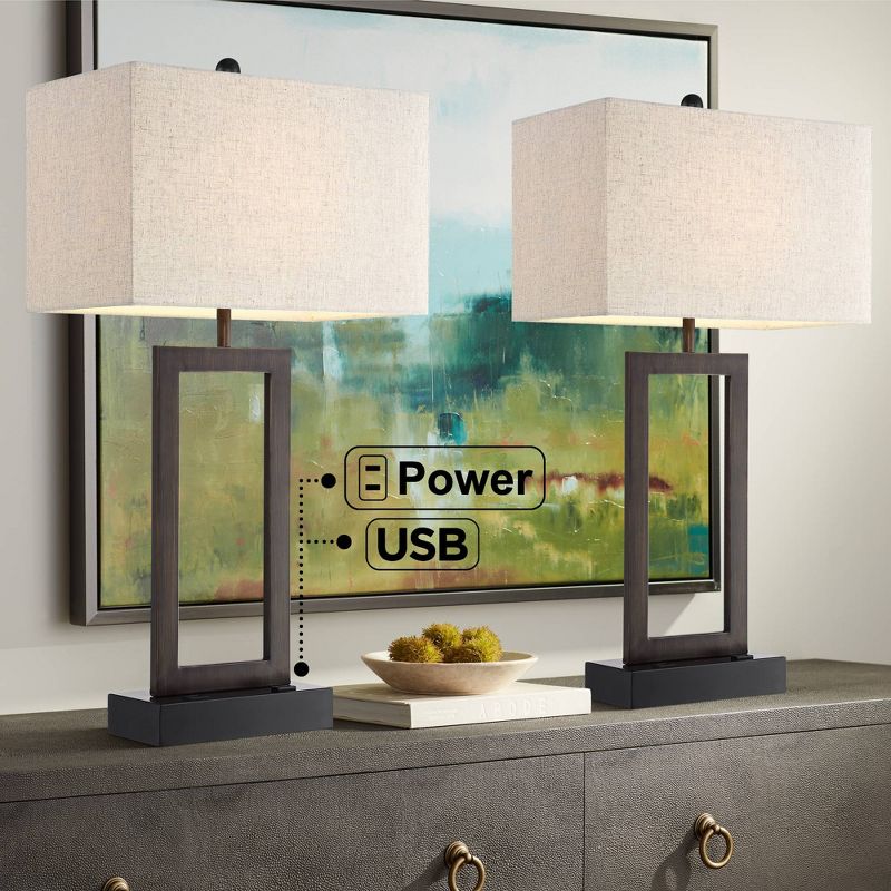 360 Lighting Todd Modern Table Lamps 30" Tall Set of 2 Bronze with USB and AC Power Outlet in Base Oatmeal Shade for Bedroom Living Room Bedside Desk, 2 of 10