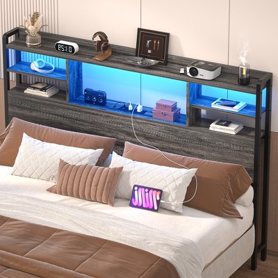 Besiost Headboard with Storage shelves and Charging Station, Wood Headboard with LED Light