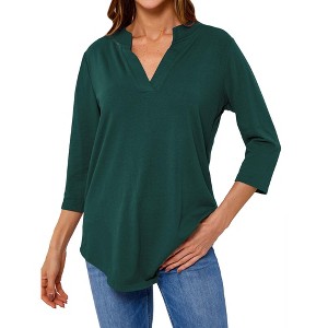 Nlife Women V Neck Solid Color Blouses Relaxed Fit 3/4 Sleeve Curved Hem Tunics Tops - 1 of 4