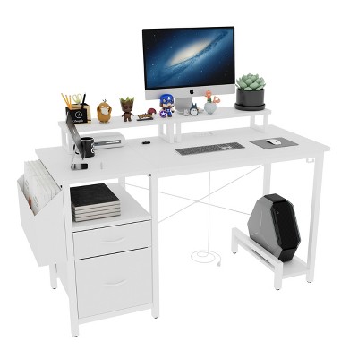 Sapphtopaz Computer Desk with 2 Drawers and Side Pocket Reversible Desk with Power Outlet and 2 Monitor Stands Office Desk for Bedroom, Office