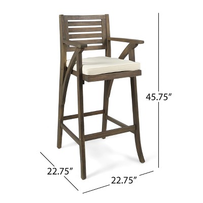 Hermosa Gray Acacia Wood Outdoor Barstools with Cream Cushions, Set of 4