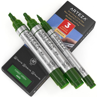 Arteza Acrylic Markers (A603 Forest Green), 2 Big Barrel (chisel+bullet nib) + 1 Small Barrel, Single Color - 3 Pack (AR