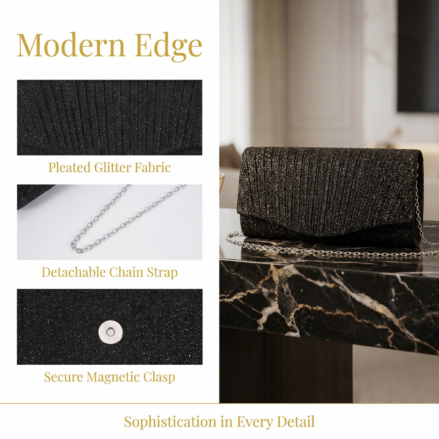 Женский клатч INSPIRE CHIC Magnetic Flap Evening Bag for Women Sparkly Clutch Purse with Removable Chain Strap 7.9*2.0*3.9 inches Black, цвет: Чёрный — фото 4