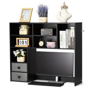 VEVOR Desktop Bookshelf, 3-Tier Desktop Storage Organizer, 37" x 10" x 31.1" Office Storage Rack Wood Display Shelf, Desktop Bookshelf Hutch, Black - 1 of 4