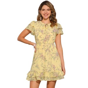 INSPIRE CHIC Women's Ruffle Sleeve Self-Tie V Neck Mini A-Line Floral Dress - 1 of 4