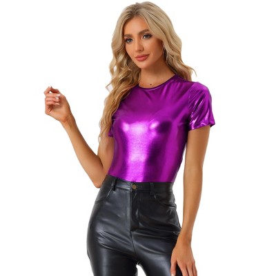 Allegra K Women's Party Metallic Textured Short Sleeve Shiny T