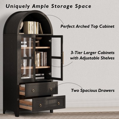KIGFTSOD Tall Arched Kitchen Pantry Cabinet w/2 Large Drawers, Modern Farmhouse Storage w/Adjustable Shelves, Glass Door, Wood Cupboard