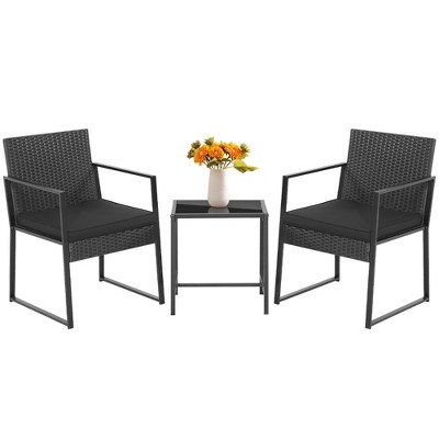 Tangkula 3PCS Patio Rattan PE Wicker Bistro Set Outdoor Furniture Set w/ Table & Cushion