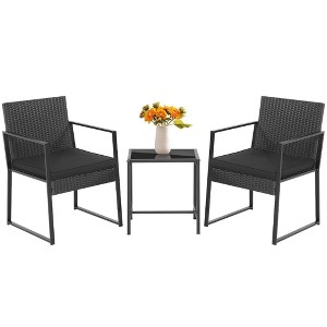 Tangkula 3PCS Patio Rattan PE Wicker Bistro Set Outdoor Furniture Set w/ Table & Cushion - 1 of 4