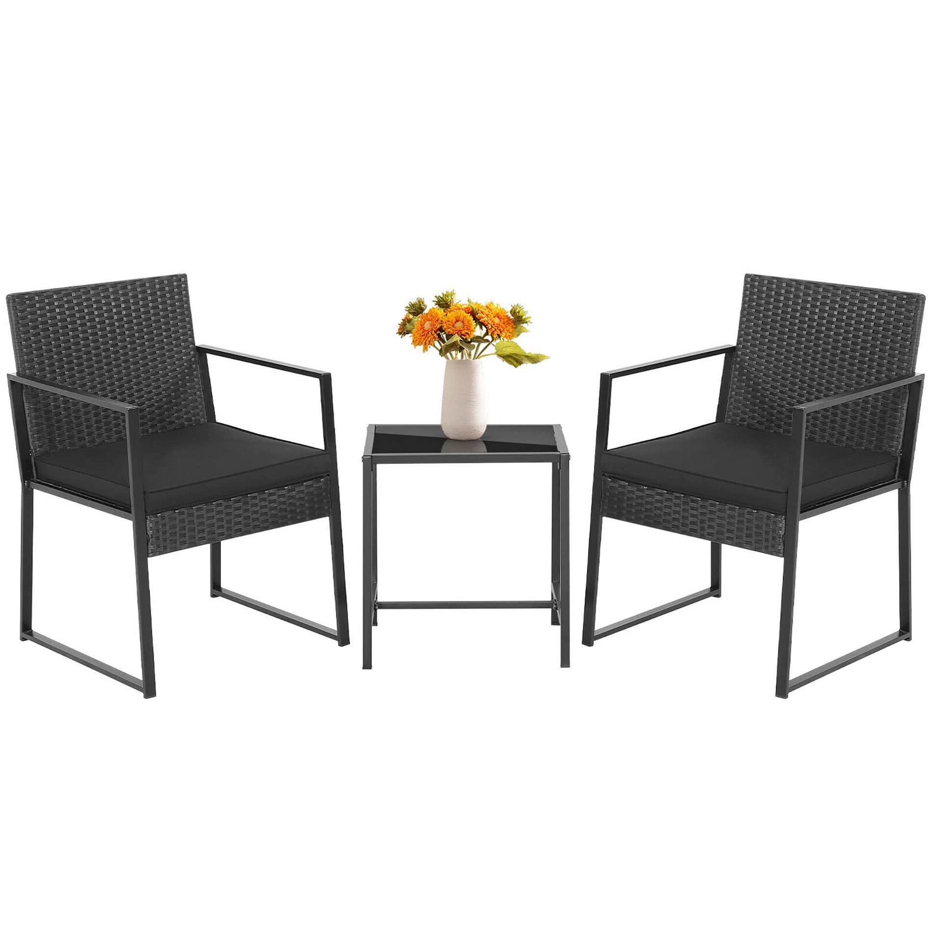 Tangkula 3PCS Patio Rattan PE Wicker Bistro Set Outdoor Furniture Set w/ Table & Cushion