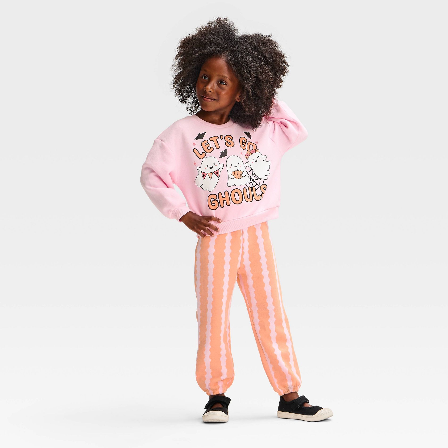 Toddler Girls' 2pc Halloween "Let's Go Ghouls" Fleece Sweatshirt and Pants Set - Pink/Orange