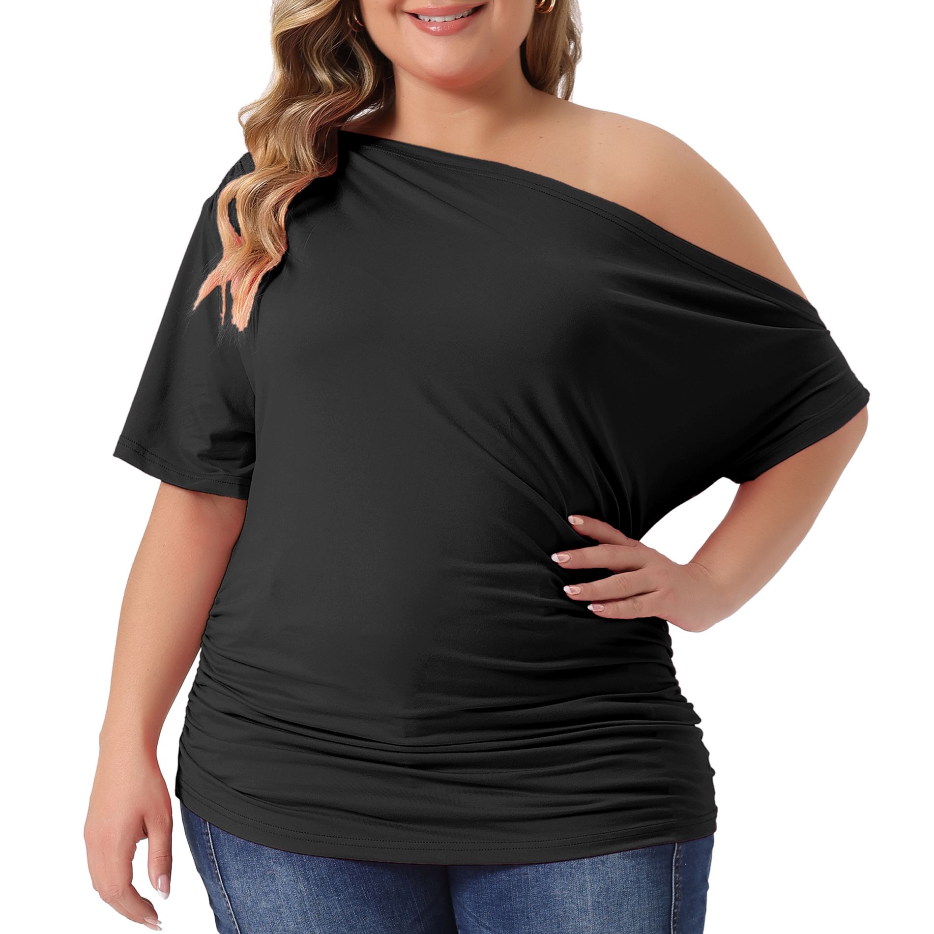 Agnes Orinda Women's Plus Size One Shoulder Short Sleeve Ruched Solid Casual Blouses