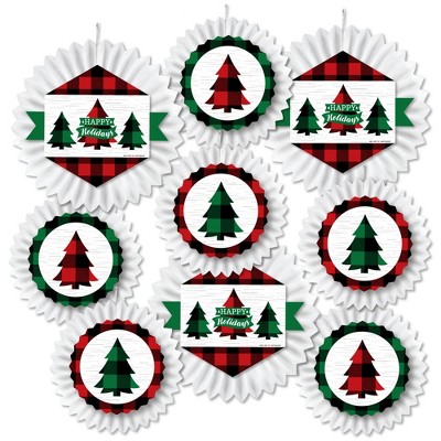 Big Dot of Happiness Holiday Plaid Trees - Hanging Buffalo Plaid Christmas Party Tissue Decoration Kit - Paper Fans - Set of 9