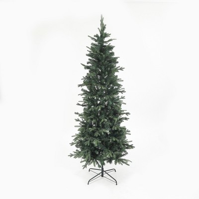 LuxenHome 7.1Ft Christmas Tree, Pre-Lit Tall Slim Fir Artificial Christmas Tree with Metal Stand, Skinny Christmas Tree with LED Light Green