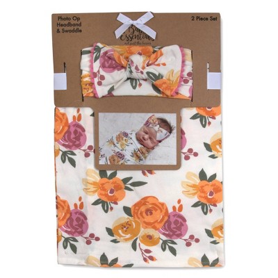 Baby Essentials Harvest Swaddle Blanket and Headband - Ivory Floral