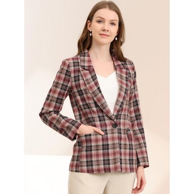 Женские пиджаки INSPIRE CHIC Women's Notched Lapel One Button Houndstooth Work Plaid Suit Blazer Small Brown Red — фото 2