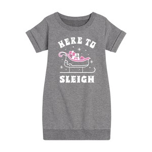 - Instant Message - Here To Sleigh Christmas Graphic Short Sleeve Fleece Dress - 1 of 4