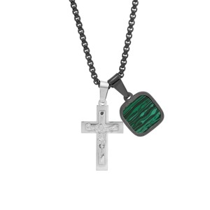 Steeltime Men's two tone black ip and stainless steel spinning Lords prayer cross and square dog tag pendant. Color Options: Red, Blue, Green, Brown - 1 of 4