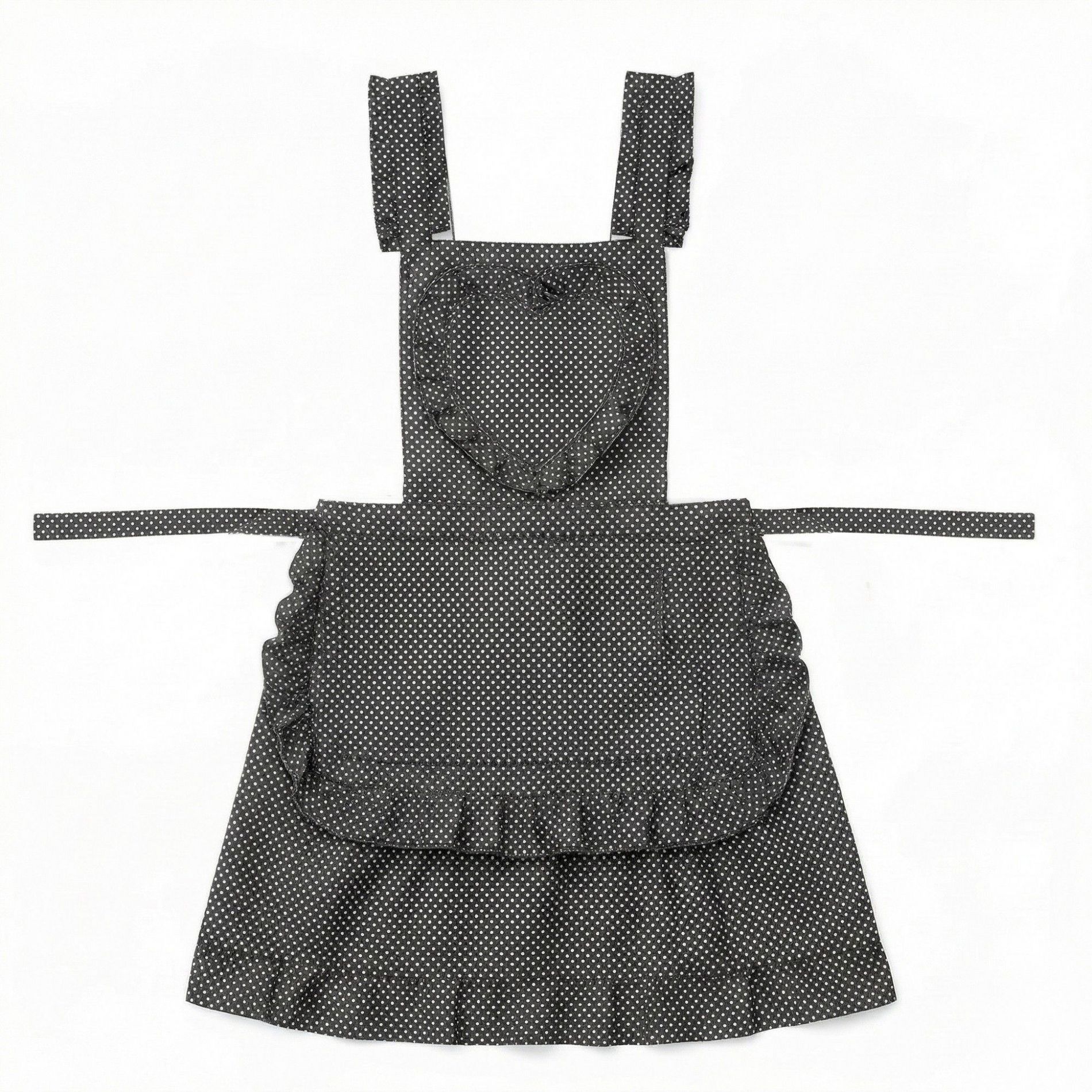 Alilang Polka Dot Kitchen Apron with Heart Bib Ruffle Trim Adjustable Waist Ties and Front Pocket - Black