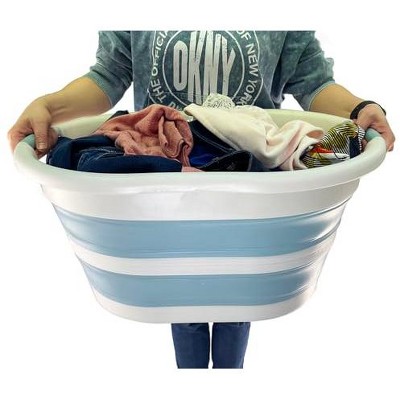 Grey and Blue Collapsible Plastic Laundry Basket with Handles