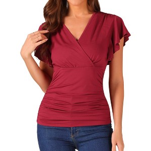 Allegra K Women's Summer V Neck Ruffle Sleeve Casual Faux Wrap Blouse - 1 of 4