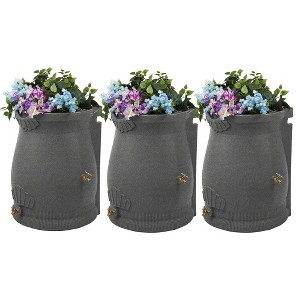 Good Ideas Rain Wizard 50 Gallon Rain Saver Barrel Water Storage Urn with Planter Space and 2 Brass Spigots, Light Granite (3 Pack) - 1 of 4