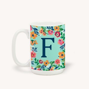 Personalization Mall Flowery Initial Coffee Mug, 15 Oz., Blue Aqua - 1 of 1
