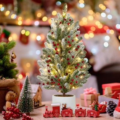 24 Inch Pre-lit Table Top Christmas Tree, Artificial Small Green Christmas Tree with Cement Basin Base, Miniature Pine Christmas Trees for Table Dorm