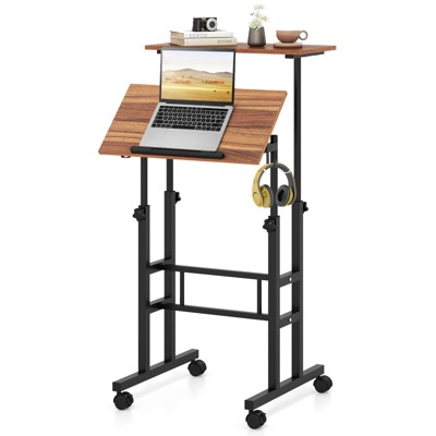 Tangkula Mobile Standing Desk Height Adjustable Stand Up Computer Workstation Rolling Presentation Cart w/Wide Platform