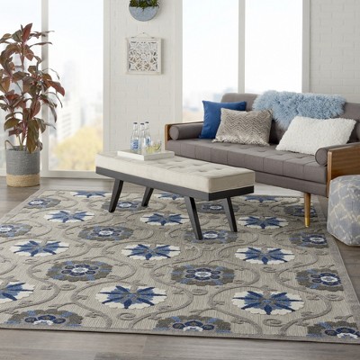Aloha Floral Blue/Grey Synthetic 9'6" x 13' Indoor/Outdoor Rug
