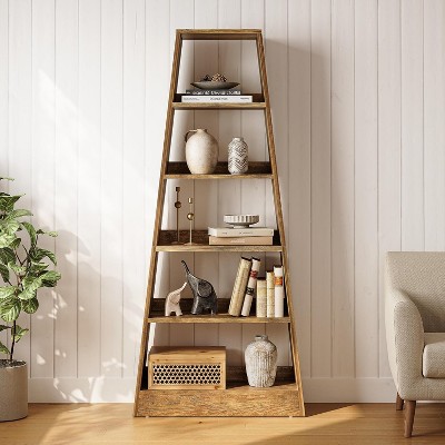 Tribesigns 6-Tier Ladder Bookshelf, 70.87" Tall Standing Wooden Bookcase Display Shelf, for Living Room, Office, Bedroom,Warm Wood