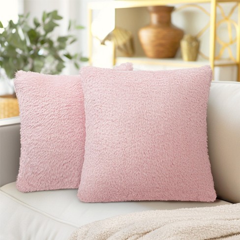 PAVILIA Set of 2 Fluffy Throw Pillow Covers Decorative Faux Shearling Fur Square Cushion Accent for Bed Sofa Couch Pink 20 x 20